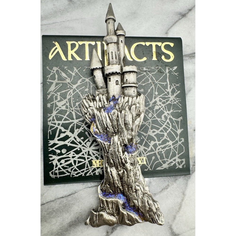 Medieval Castle Brooch Gothic Fantasy Cloak Pin Silver Tone Marked JJ
